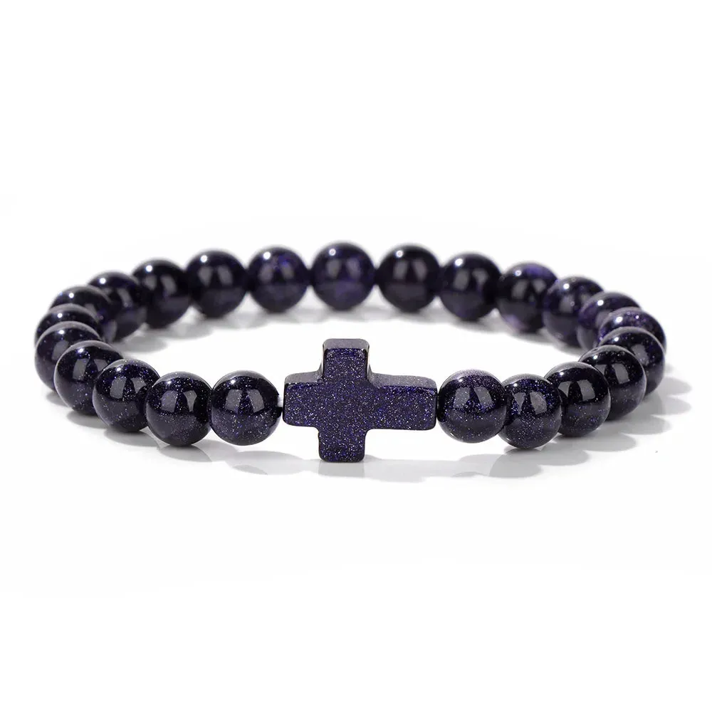 Fashion Jesus Cross Natural Stone Bracelet 8mm Round Tiger Eye Turquoises Agates Beads Charm Bracelets Women Men Jewelry Gift