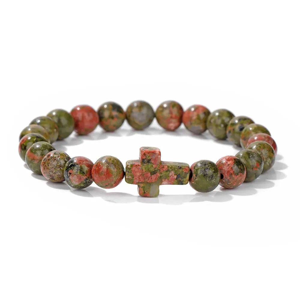 Fashion Jesus Cross Natural Stone Bracelet 8mm Round Tiger Eye Turquoises Agates Beads Charm Bracelets Women Men Jewelry Gift