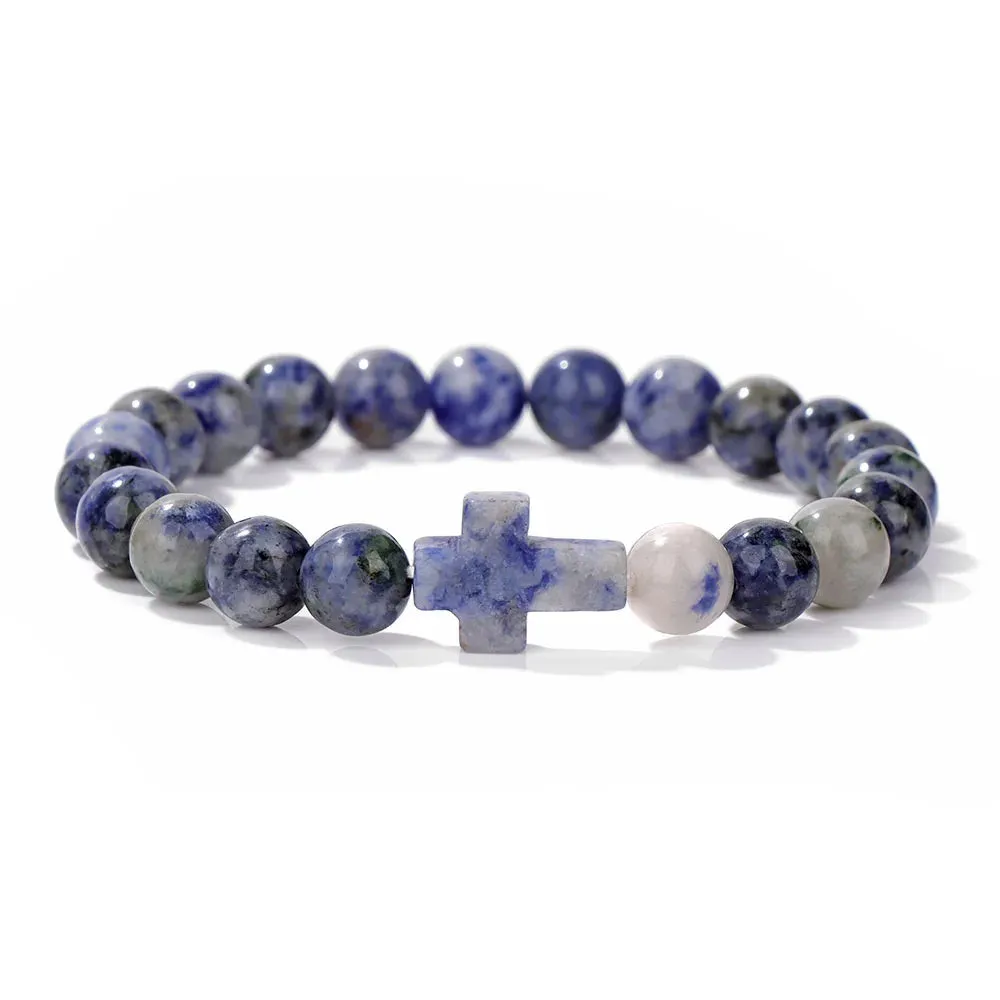 Fashion Jesus Cross Natural Stone Bracelet 8mm Round Tiger Eye Turquoises Agates Beads Charm Bracelets Women Men Jewelry Gift
