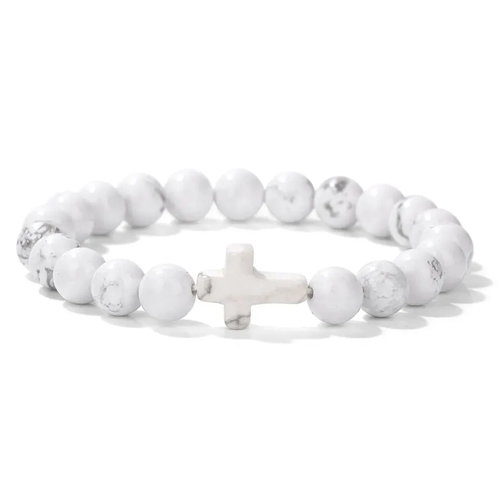 Fashion Jesus Cross Natural Stone Bracelet 8mm Round Tiger Eye Turquoises Agates Beads Charm Bracelets Women Men Jewelry Gift
