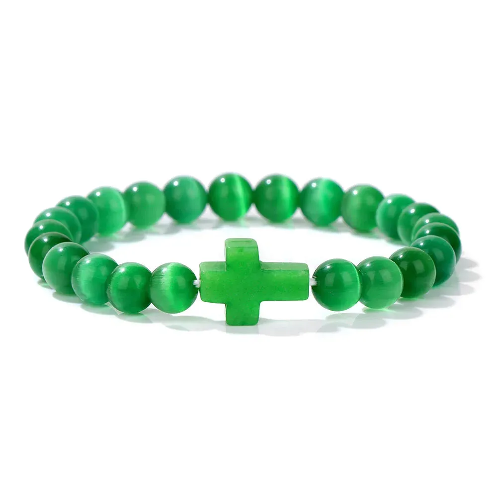 Fashion Jesus Cross Natural Stone Bracelet 8mm Round Tiger Eye Turquoises Agates Beads Charm Bracelets Women Men Jewelry Gift