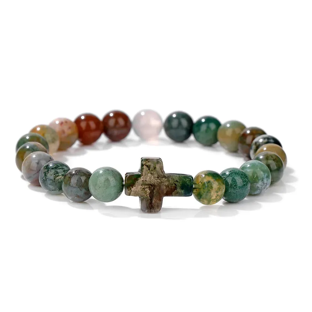 Fashion Jesus Cross Natural Stone Bracelet 8mm Round Tiger Eye Turquoises Agates Beads Charm Bracelets Women Men Jewelry Gift