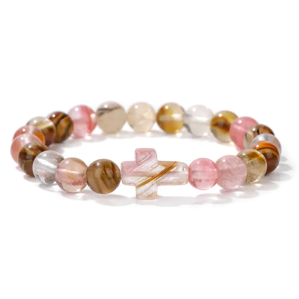 Fashion Jesus Cross Natural Stone Bracelet 8mm Round Tiger Eye Turquoises Agates Beads Charm Bracelets Women Men Jewelry Gift