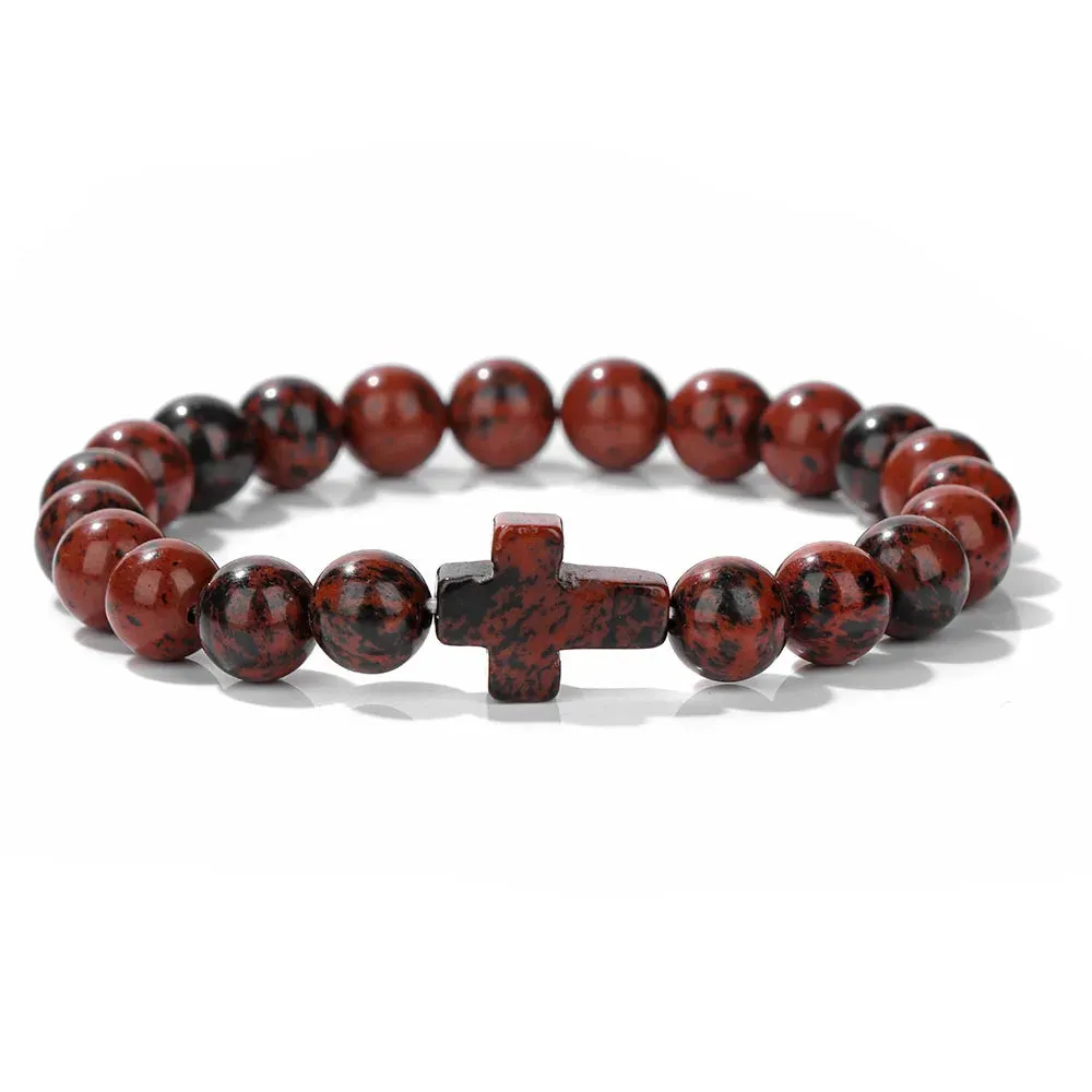 Fashion Jesus Cross Natural Stone Bracelet 8mm Round Tiger Eye Turquoises Agates Beads Charm Bracelets Women Men Jewelry Gift