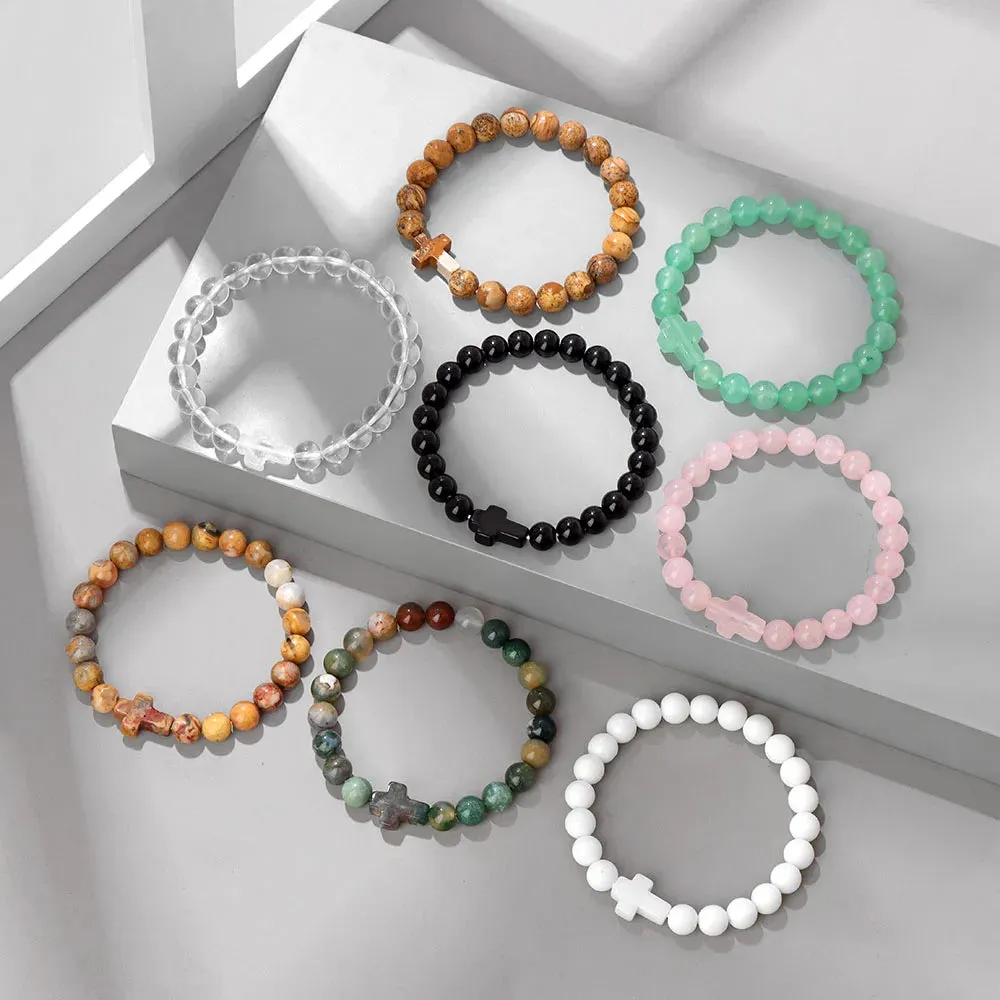 Fashion Jesus Cross Natural Stone Bracelet 8mm Round Tiger Eye Turquoises Agates Beads Charm Bracelets Women Men Jewelry Gift