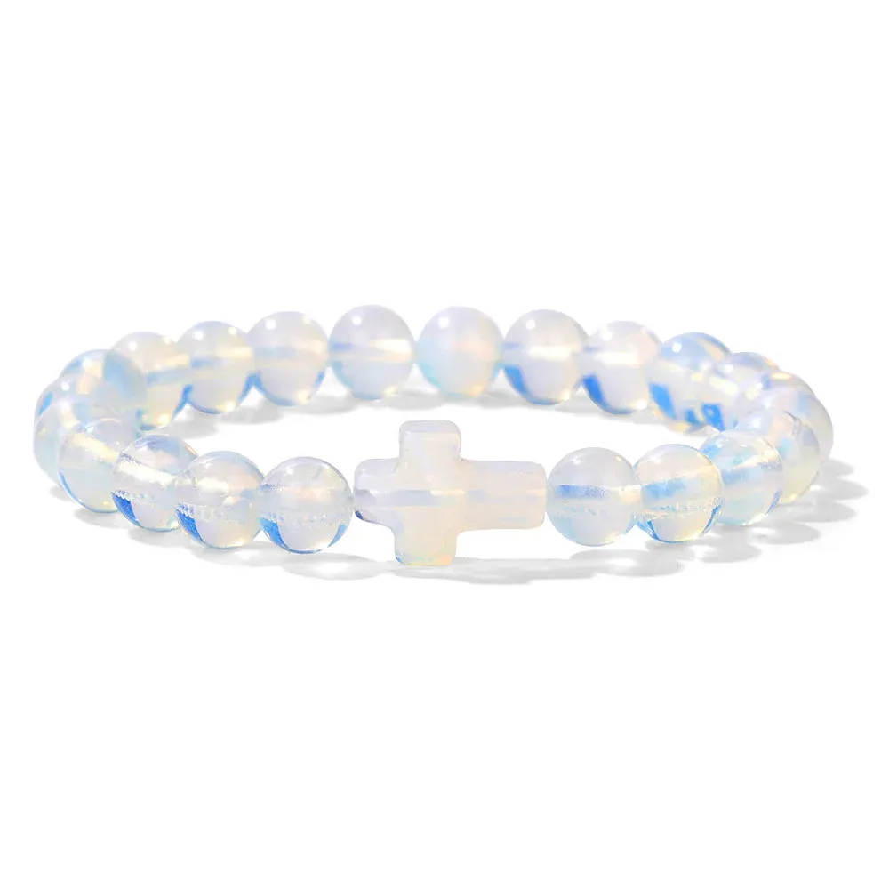 Fashion Jesus Cross Natural Stone Bracelet 8mm Round Tiger Eye Turquoises Agates Beads Charm Bracelets Women Men Jewelry Gift
