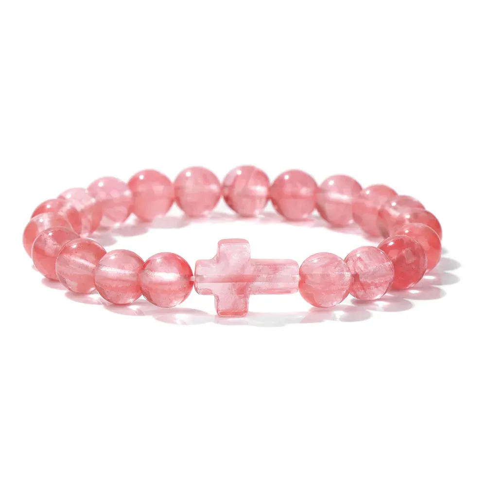 Fashion Jesus Cross Natural Stone Bracelet 8mm Round Tiger Eye Turquoises Agates Beads Charm Bracelets Women Men Jewelry Gift