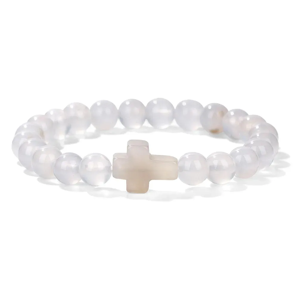 Fashion Jesus Cross Natural Stone Bracelet 8mm Round Tiger Eye Turquoises Agates Beads Charm Bracelets Women Men Jewelry Gift