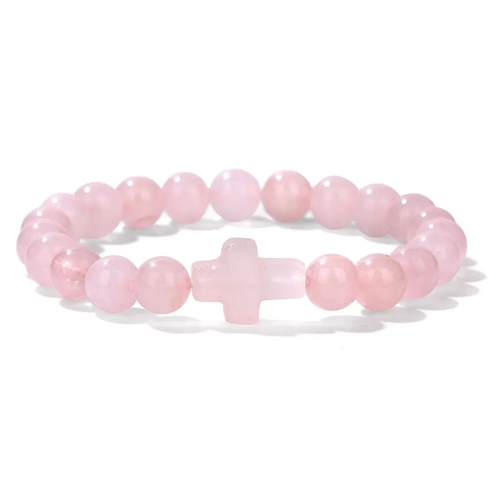 Fashion Jesus Cross Natural Stone Bracelet 8mm Round Tiger Eye Turquoises Agates Beads Charm Bracelets Women Men Jewelry Gift