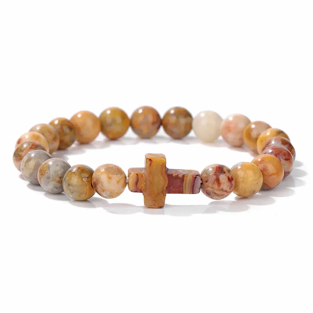 Fashion Jesus Cross Natural Stone Bracelet 8mm Round Tiger Eye Turquoises Agates Beads Charm Bracelets Women Men Jewelry Gift