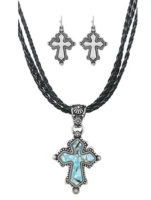 Fashion Western Turquoise Cross Necklace, Turquoise Womens Handcrafted Stone Cross Pendant Set