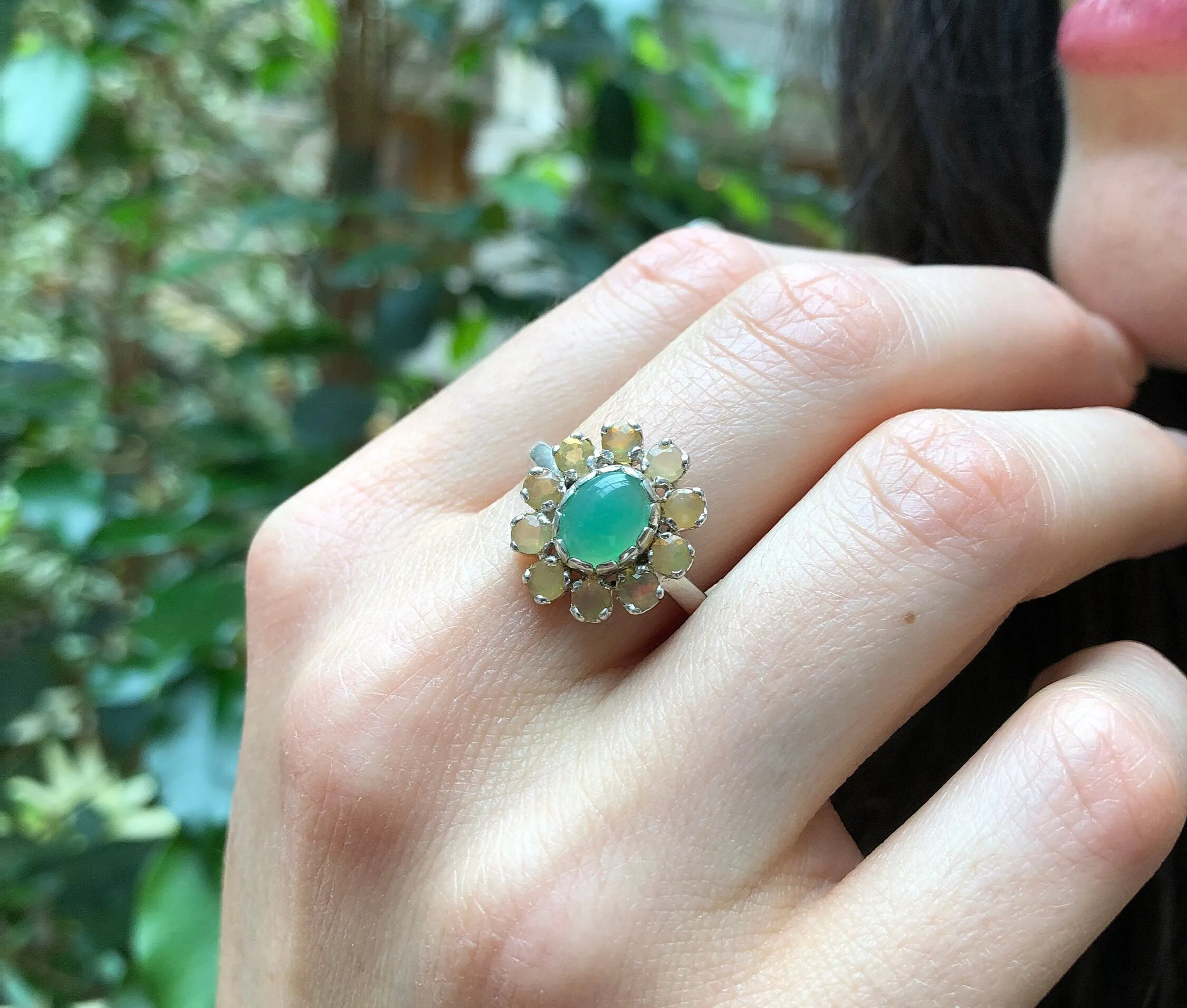 Genuine Chrysoprase Ring - Fire Opal Halo Ring - Green Flower Ring