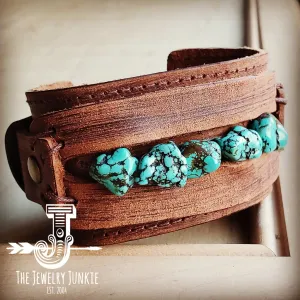 Genuine Leather Wide Cuff with Blue Turquoise Chunks 001z