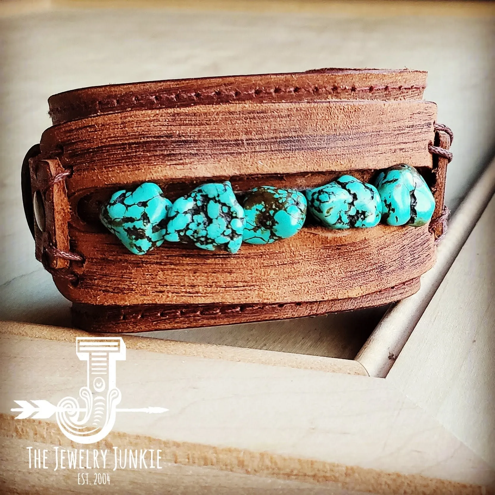 Genuine Leather Wide Cuff with Blue Turquoise Chunks 001z
