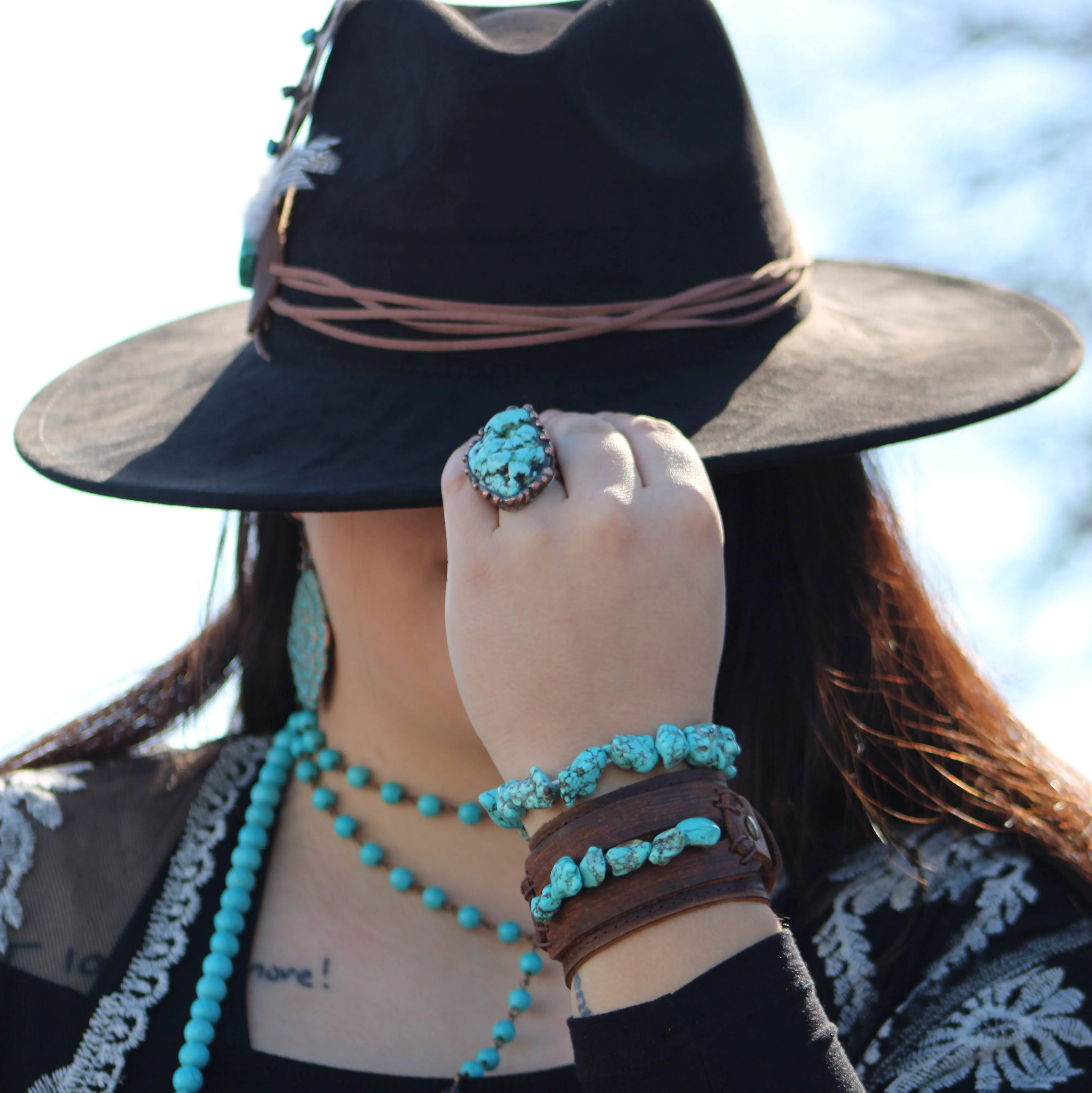 Genuine Leather Wide Cuff with Blue Turquoise Chunks 001z