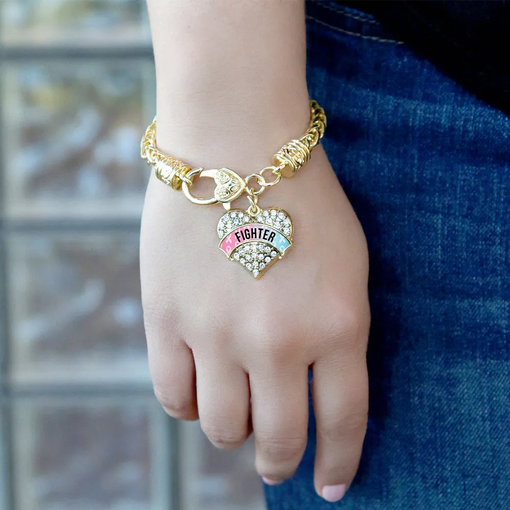 Gold Light Blue & Light Pink Ribbon Fighter Pave Heart Charm Braided Bracelet