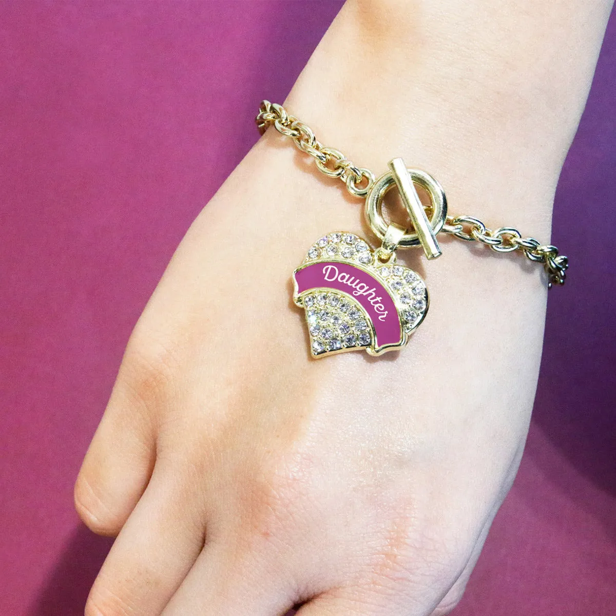 Gold Magenta Daughter Pave Heart Charm Toggle Bracelet