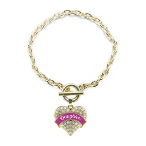 Gold Magenta Daughter Pave Heart Charm Toggle Bracelet