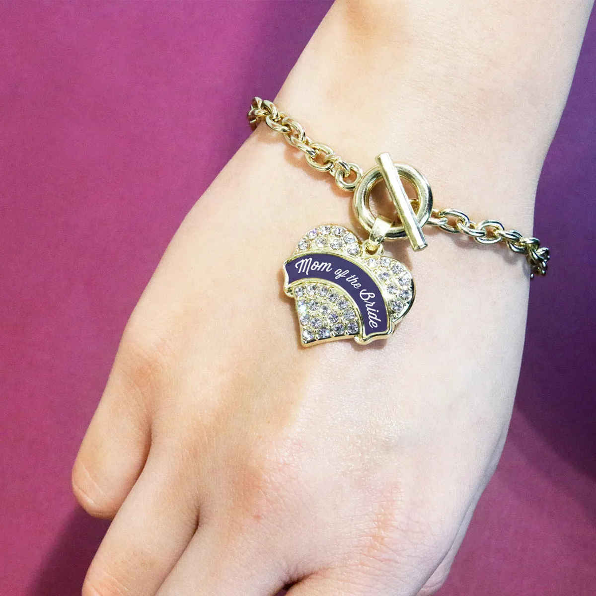 Gold Navy Blue Mom of the Bride Pave Heart Charm Toggle Bracelet