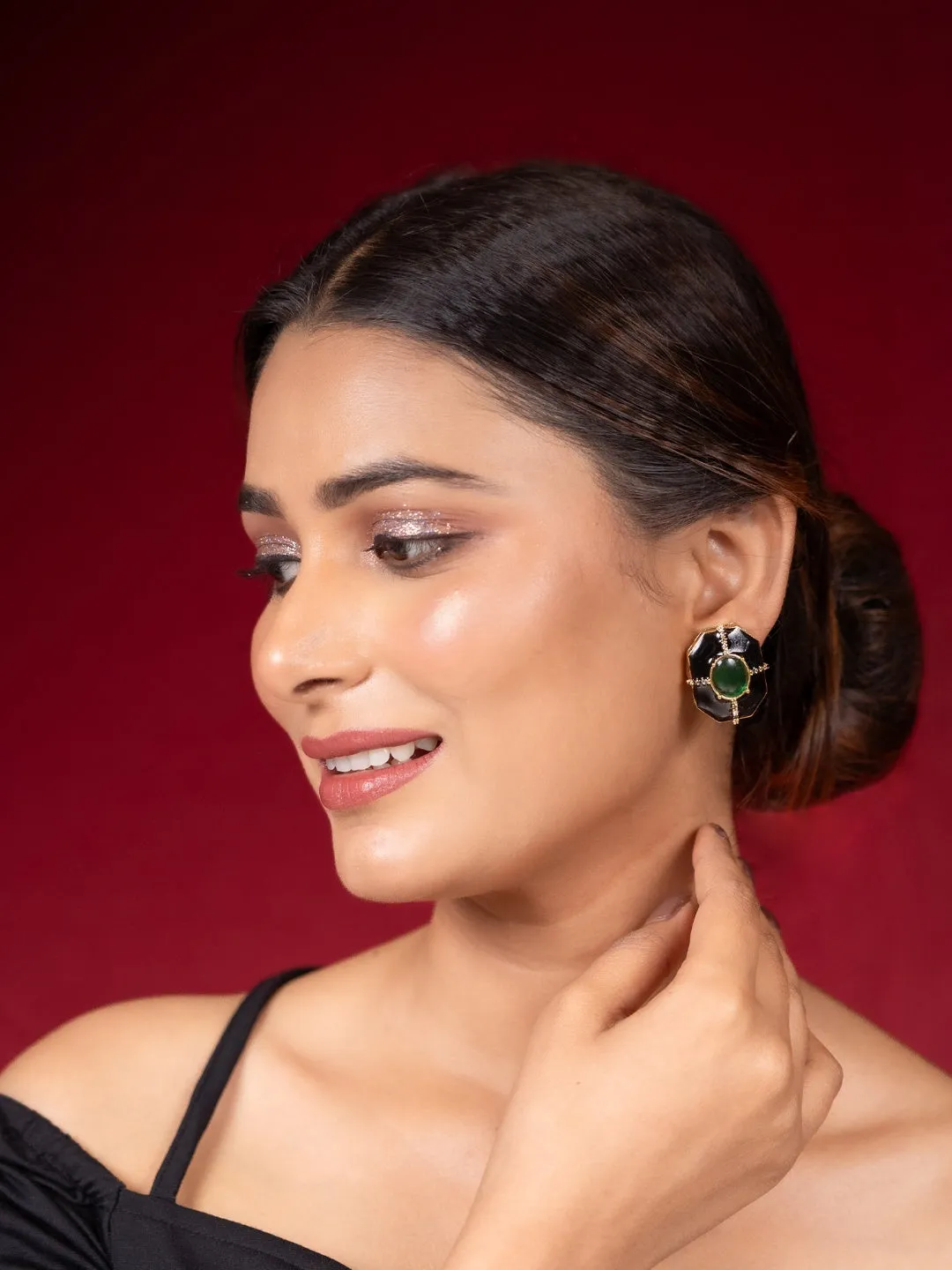 Gold-Plated Black and Green Emerald Stud Earrings