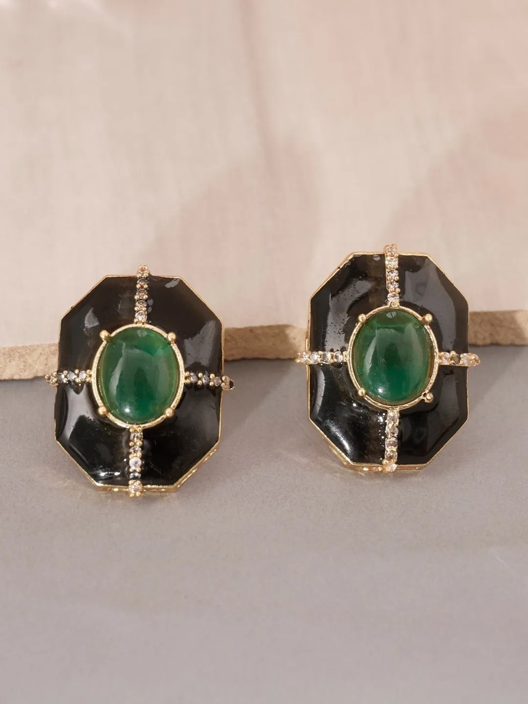 Gold-Plated Black and Green Emerald Stud Earrings