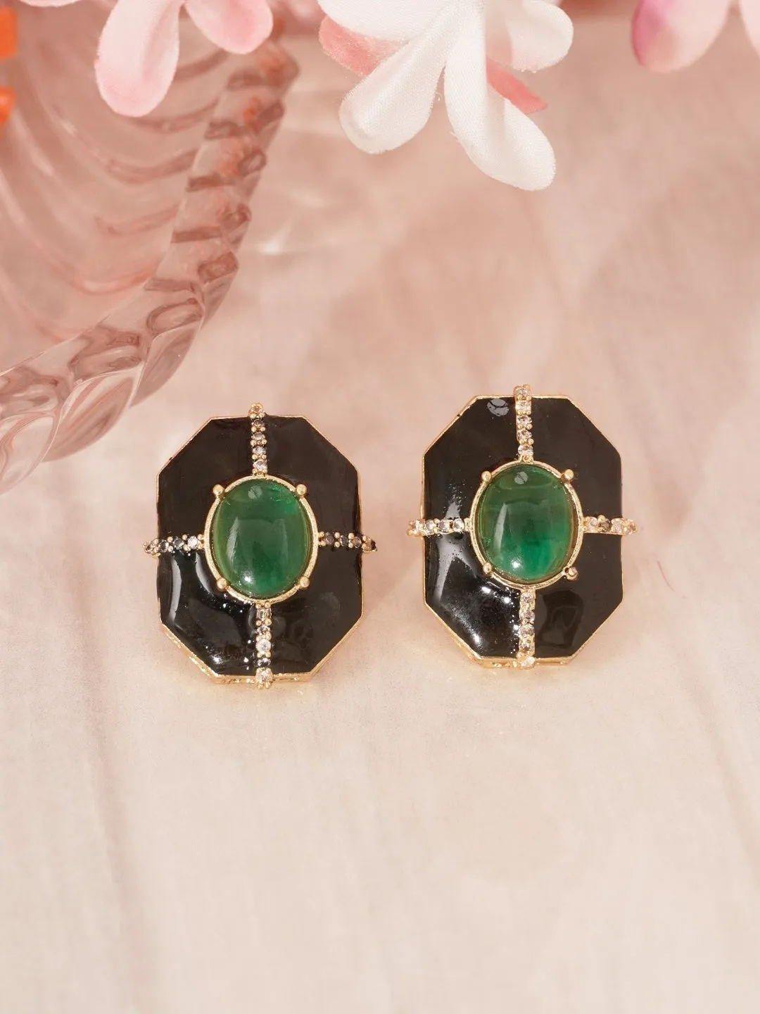 Gold-Plated Black and Green Emerald Stud Earrings