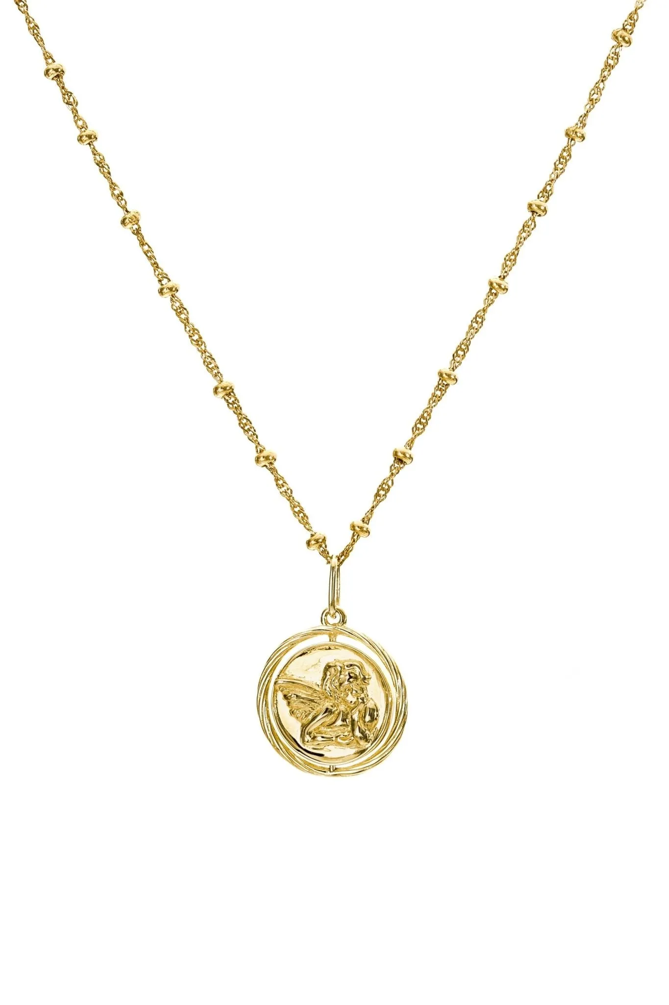 Gold Plated Sterling Silver Cherub Disc Spinner Pendant Necklace