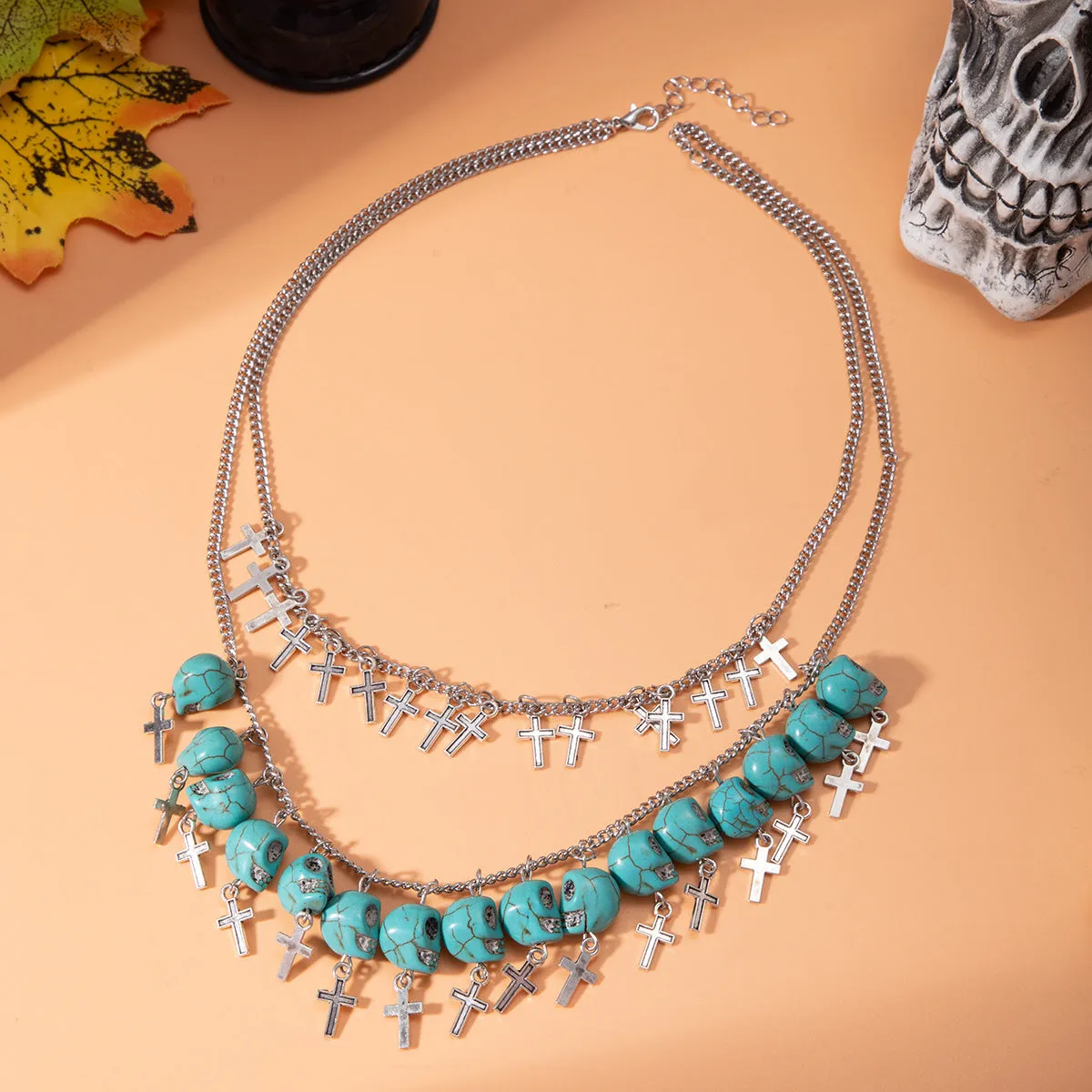 Halloween Punk Multi-Layered Skull Exaggerated Cross Fringe European American Necklace