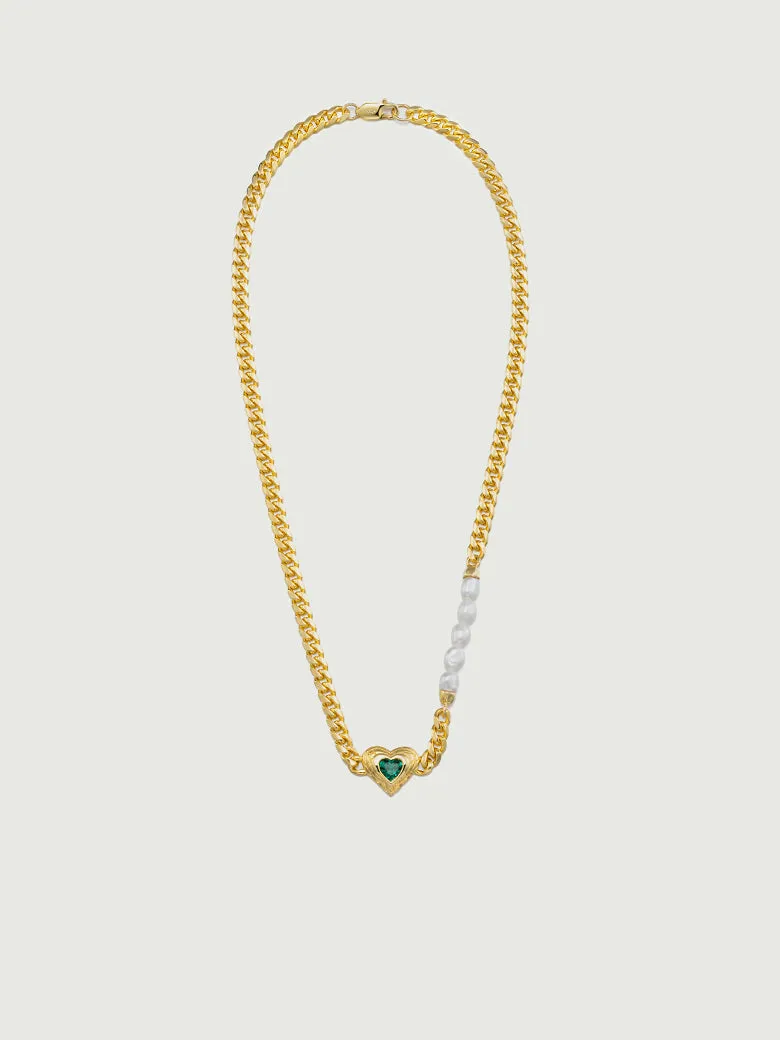 Heart Cut Lab Grown Emerald Pearl Cuban Link Chain