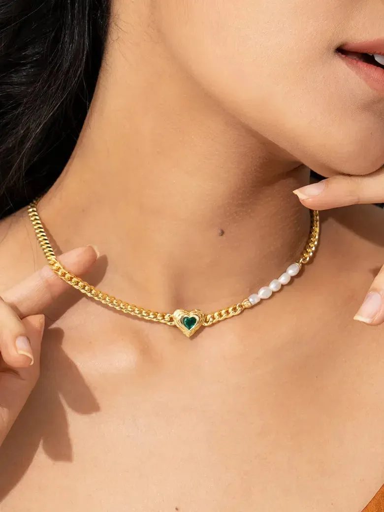 Heart Cut Lab Grown Emerald Pearl Cuban Link Chain
