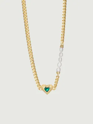 Heart Cut Lab Grown Emerald Pearl Cuban Link Chain