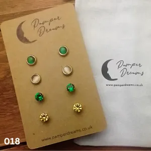Hypoallergenic Stainless Steel CZ & Opalite Earring Set 4 Pairs Gold Colour 018