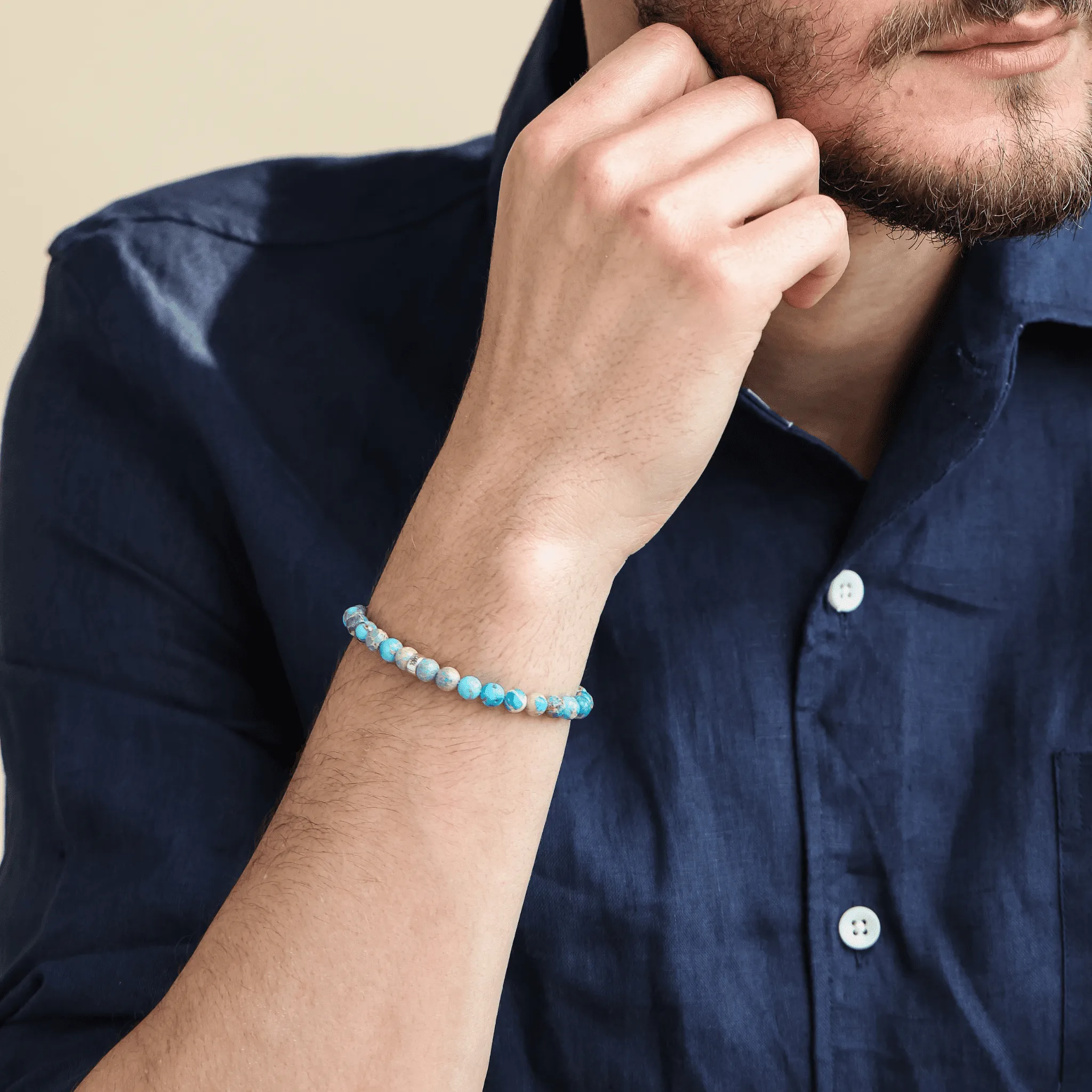 Men's Turquoise Imperial Jasper Engravable Bead Bracelet - 14K White Gold