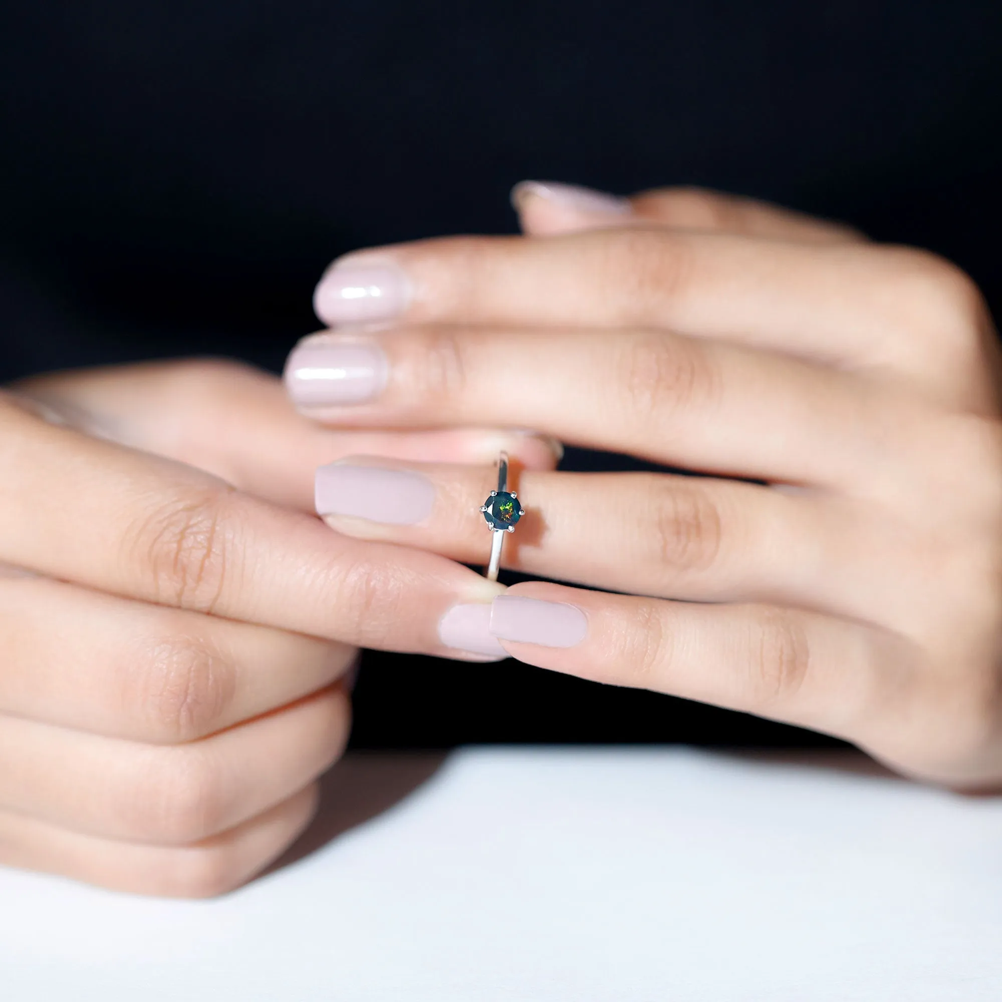 Minimal Black Opal Solitaire Promise Ring in Gold