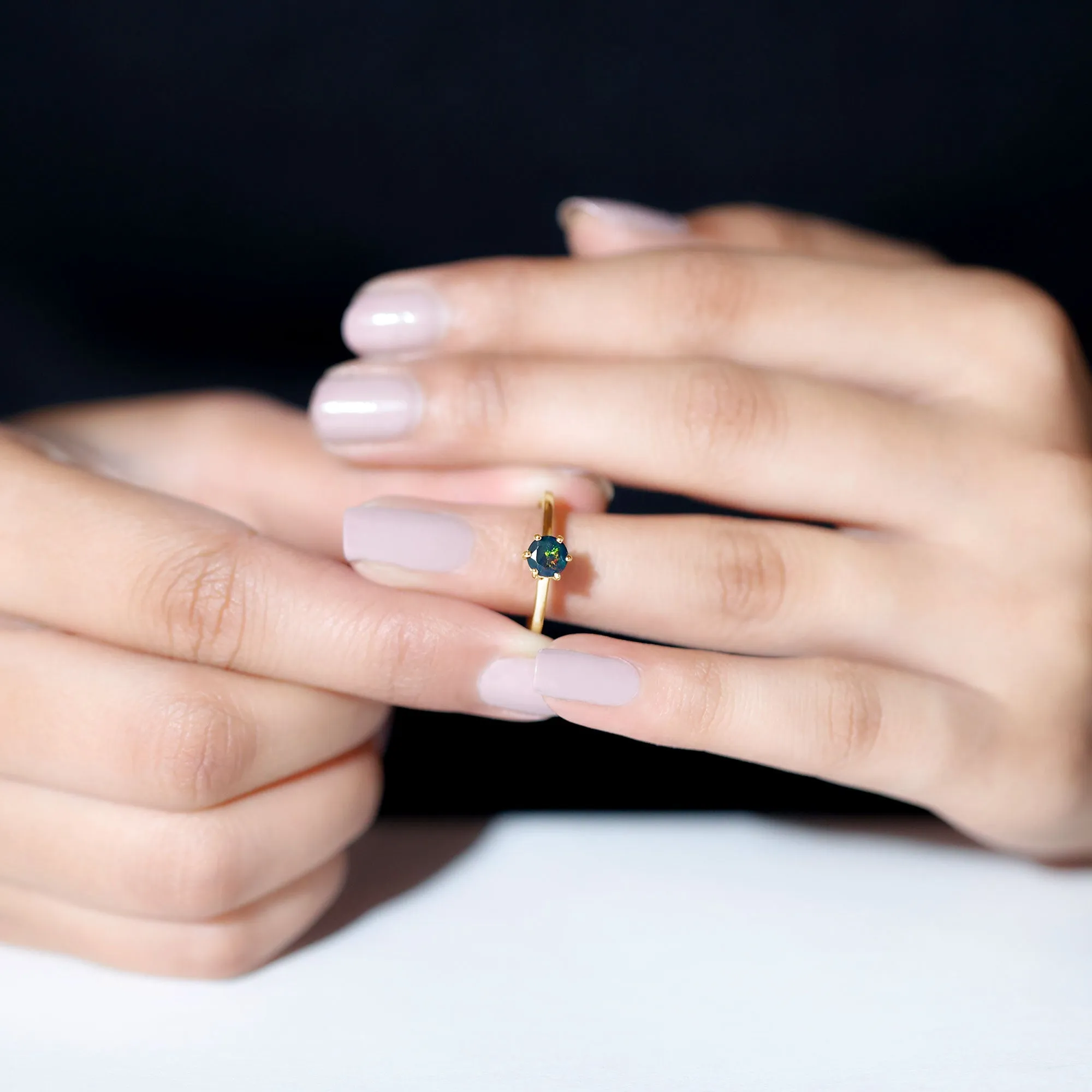 Minimal Black Opal Solitaire Promise Ring in Gold
