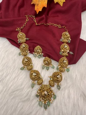 Peacock CZ Matte Finish Short Nakshi Necklace