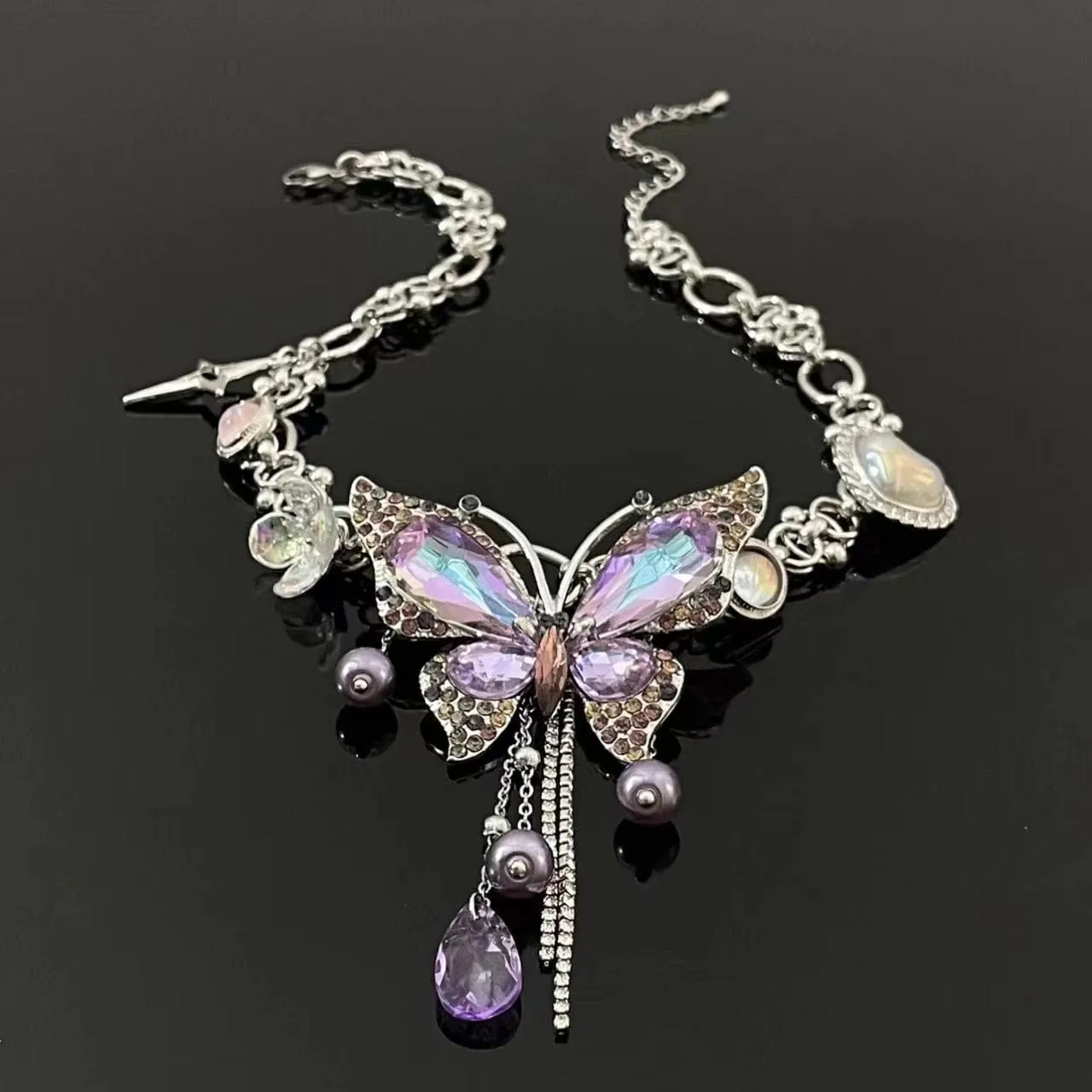 Purple butterfly flower beaded choker necklace