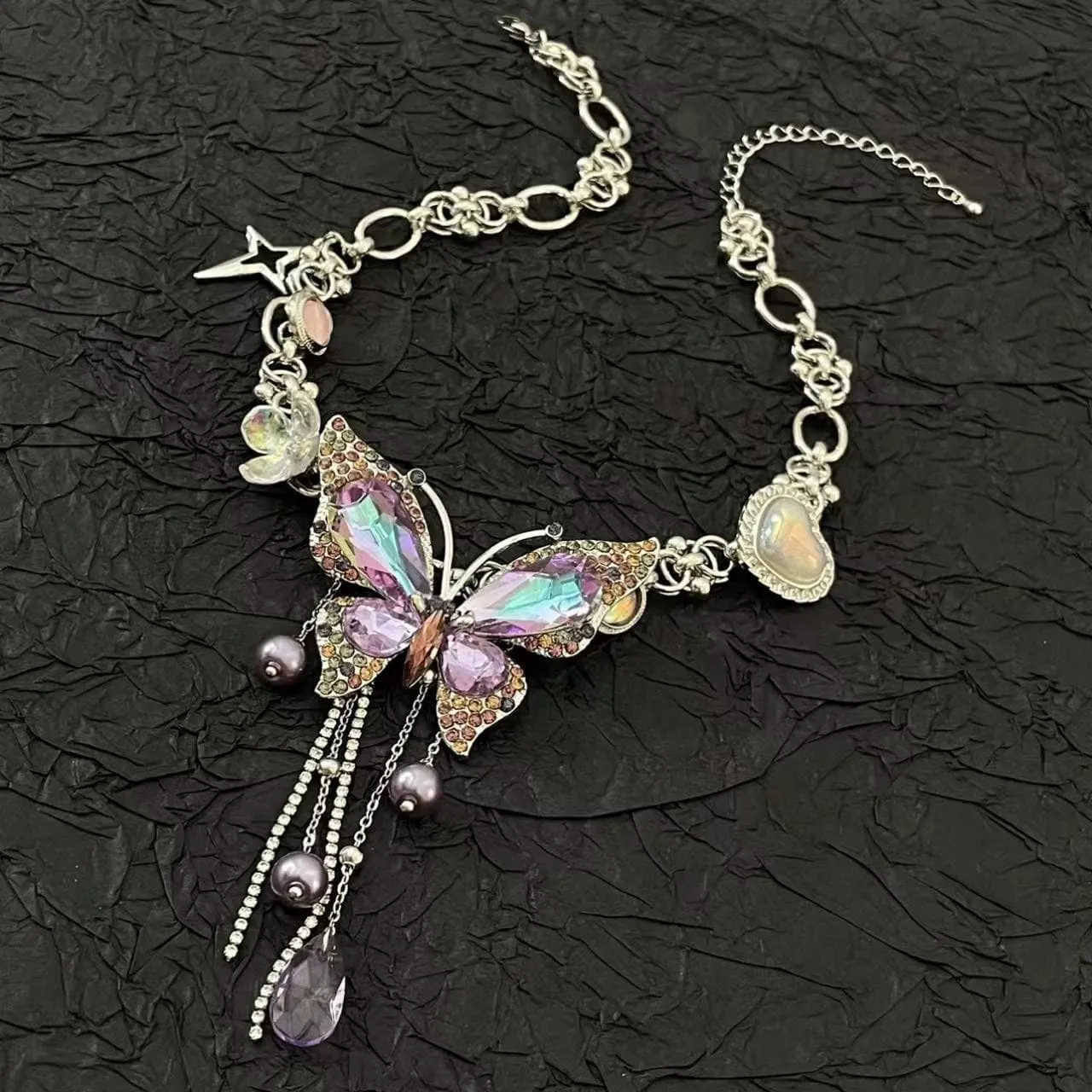 Purple butterfly flower beaded choker necklace
