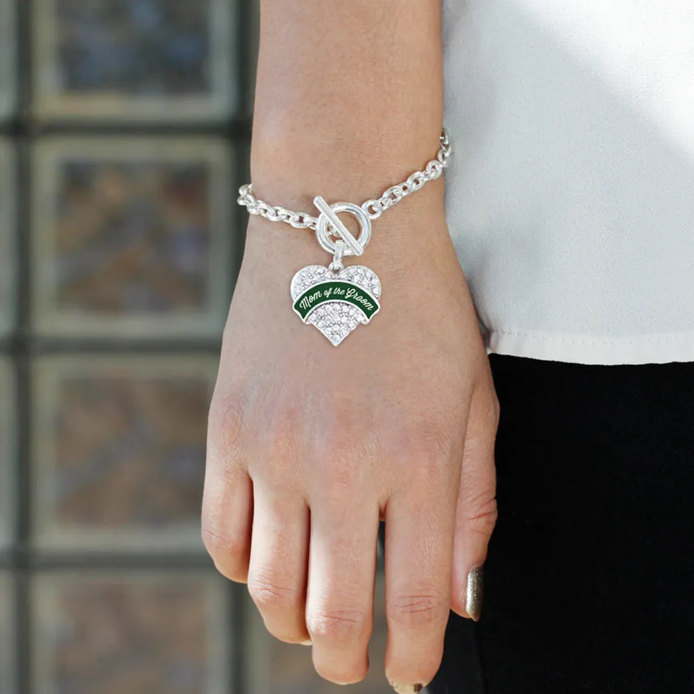 Silver Forest Green Mom of Groom Pave Heart Charm Toggle Bracelet
