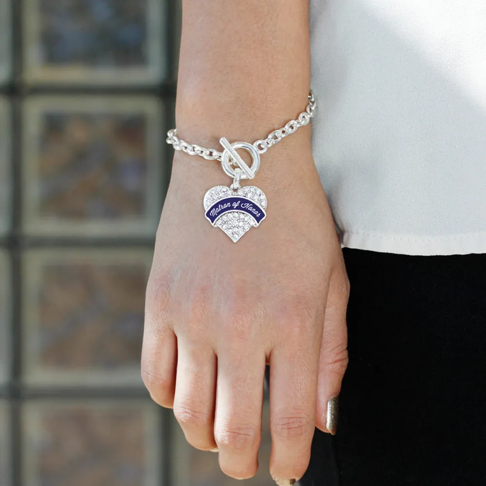 Silver Navy Blue Matron Pave Heart Charm Toggle Bracelet