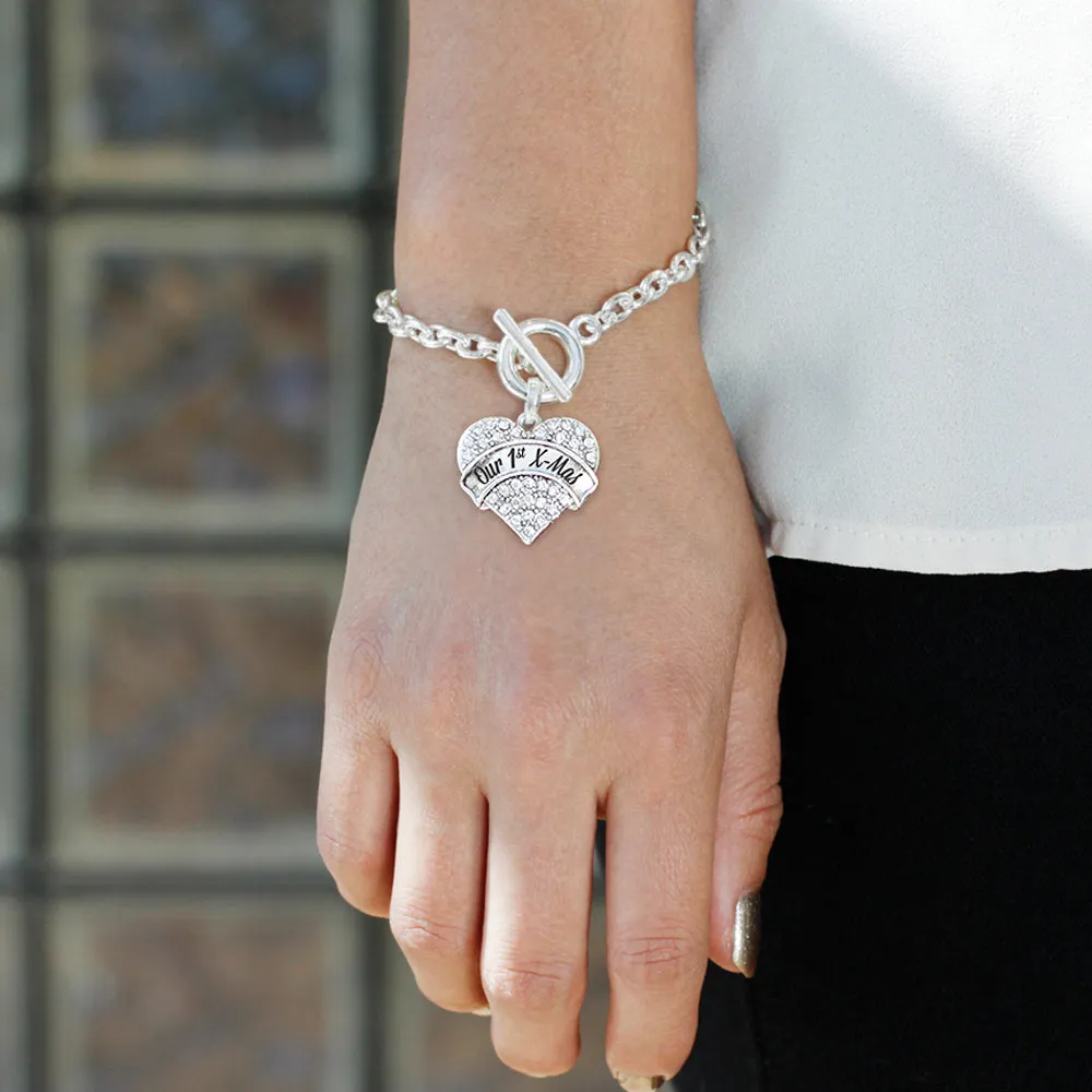 Silver Our 1st X-Mas Pave Heart Charm Toggle Bracelet
