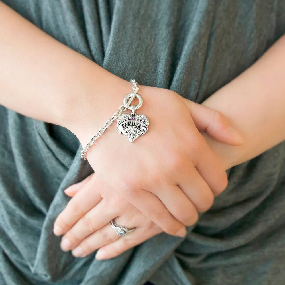 Silver Pamilya (Filipino) Pave Heart Charm Toggle Bracelet