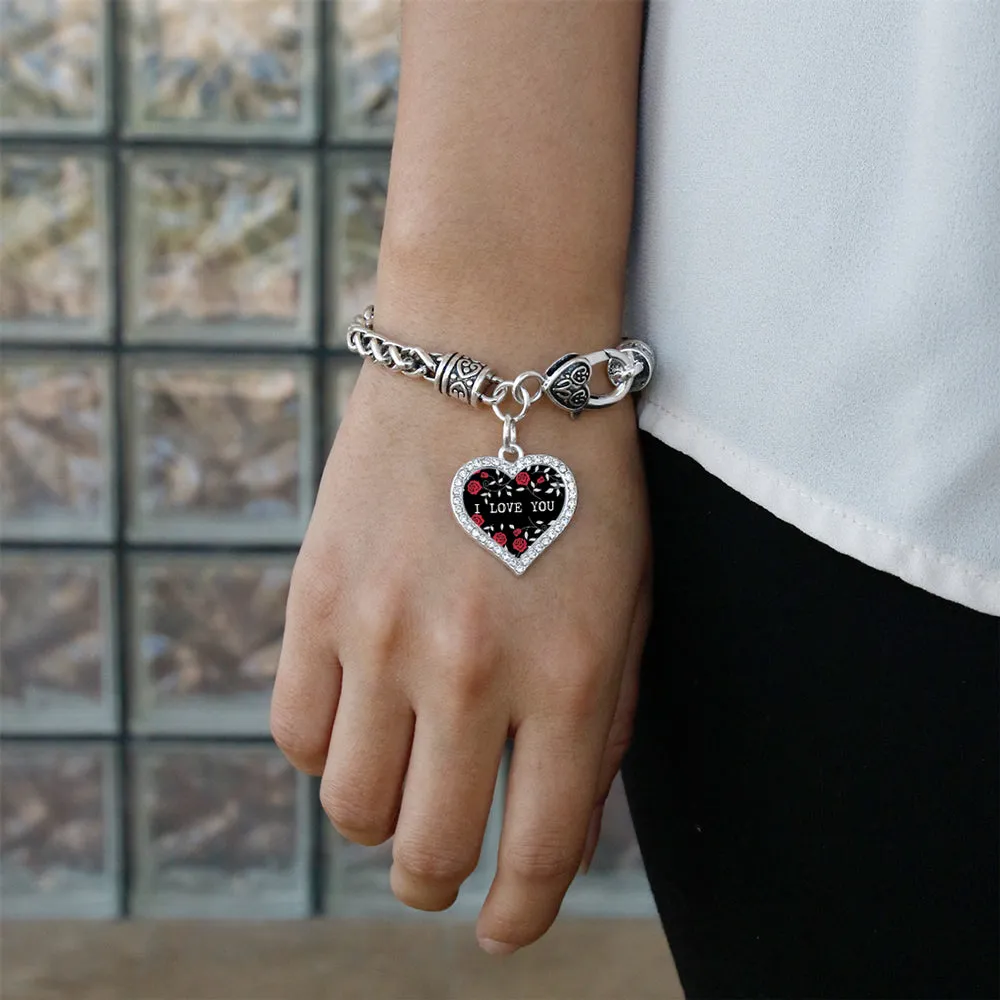 Silver Rose Pattern - I LOVE YOU Open Heart Charm Toggle Bracelet