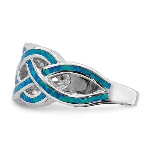 Sterling Silver Blue Inlay Created Opal Celtic Knot Ring