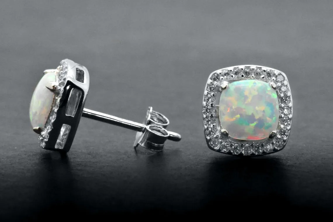 Sterling Silver Cabochon White Opal Halo Stud Earrings