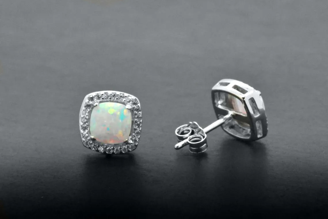 Sterling Silver Cabochon White Opal Halo Stud Earrings