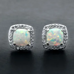 Sterling Silver Cabochon White Opal Halo Stud Earrings