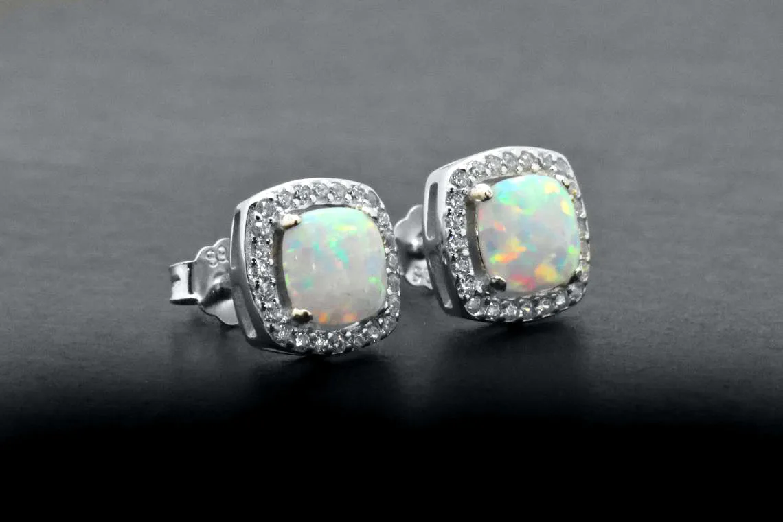 Sterling Silver Cabochon White Opal Halo Stud Earrings