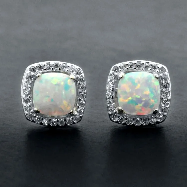Sterling Silver Cabochon White Opal Halo Stud Earrings
