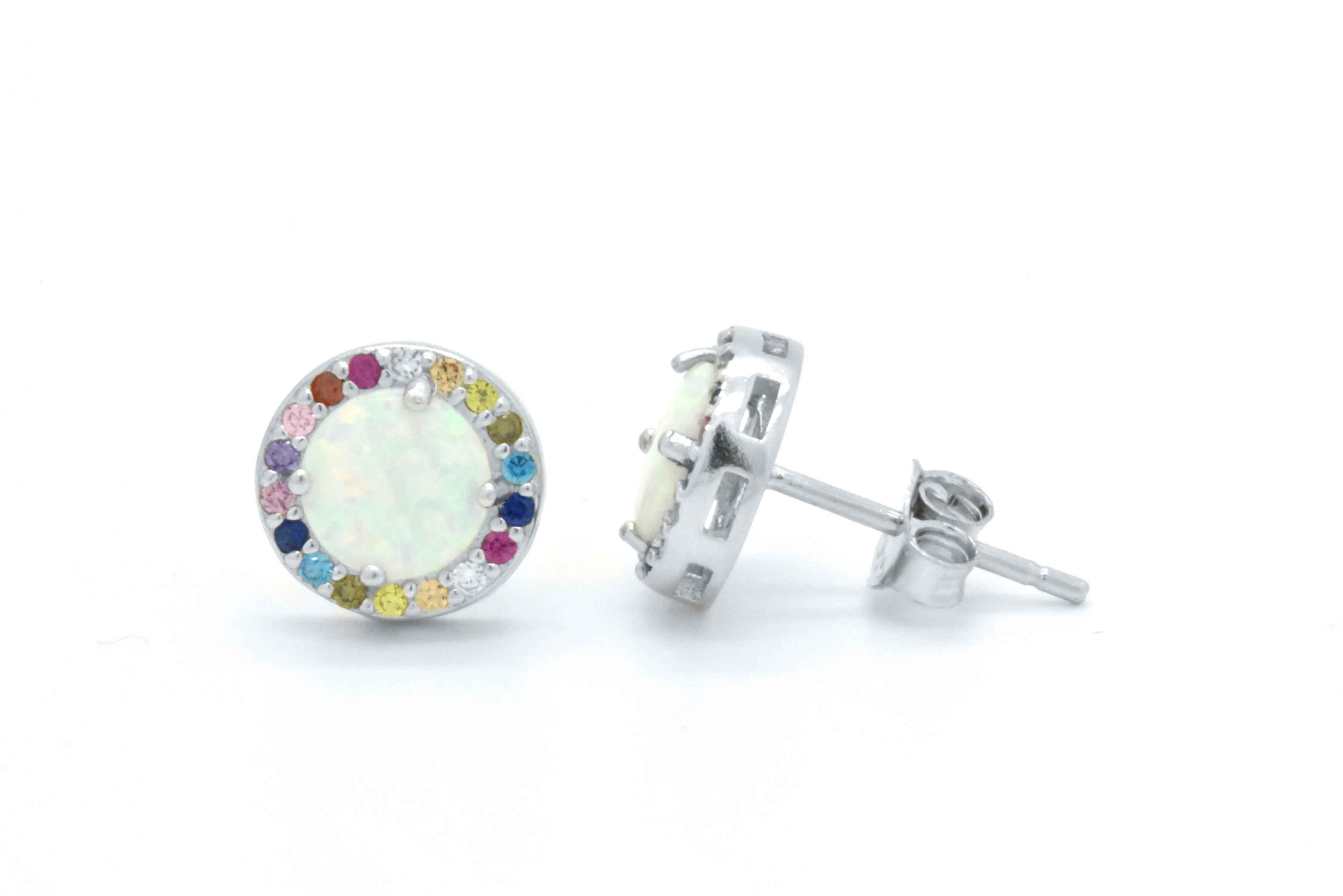 Sterling Silver Rainbow Created Sapphire Round Halo Opal Stud Earrings